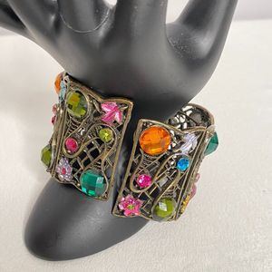 Cuff Bracelet Open Work Bronze/Copper Tone Metal Multicolor Shape Rhinestones